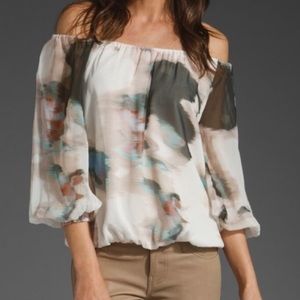 Alice + Olivia Silk Blouse Watercolor Bohemian Off the Shoulder Size XS Boho